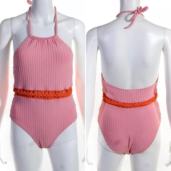 Solid & Striped Halter Ribbed Orange One Piece swim bathing suit - Picture 1 of 3